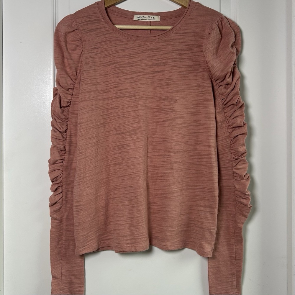 We The‎ Free Free People Cotton Blend Dusty Rose Natasha Ruffled Long Sleeve Top